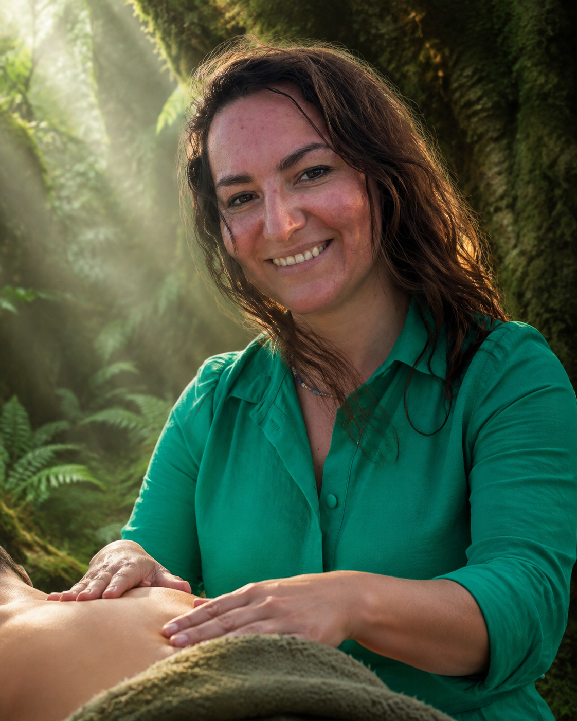 Eva demonstrating a gentle shoulder and upper-back massage technique in nature