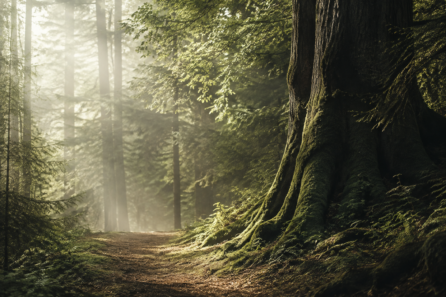 Morning light filtering through a quiet, mossy woodland